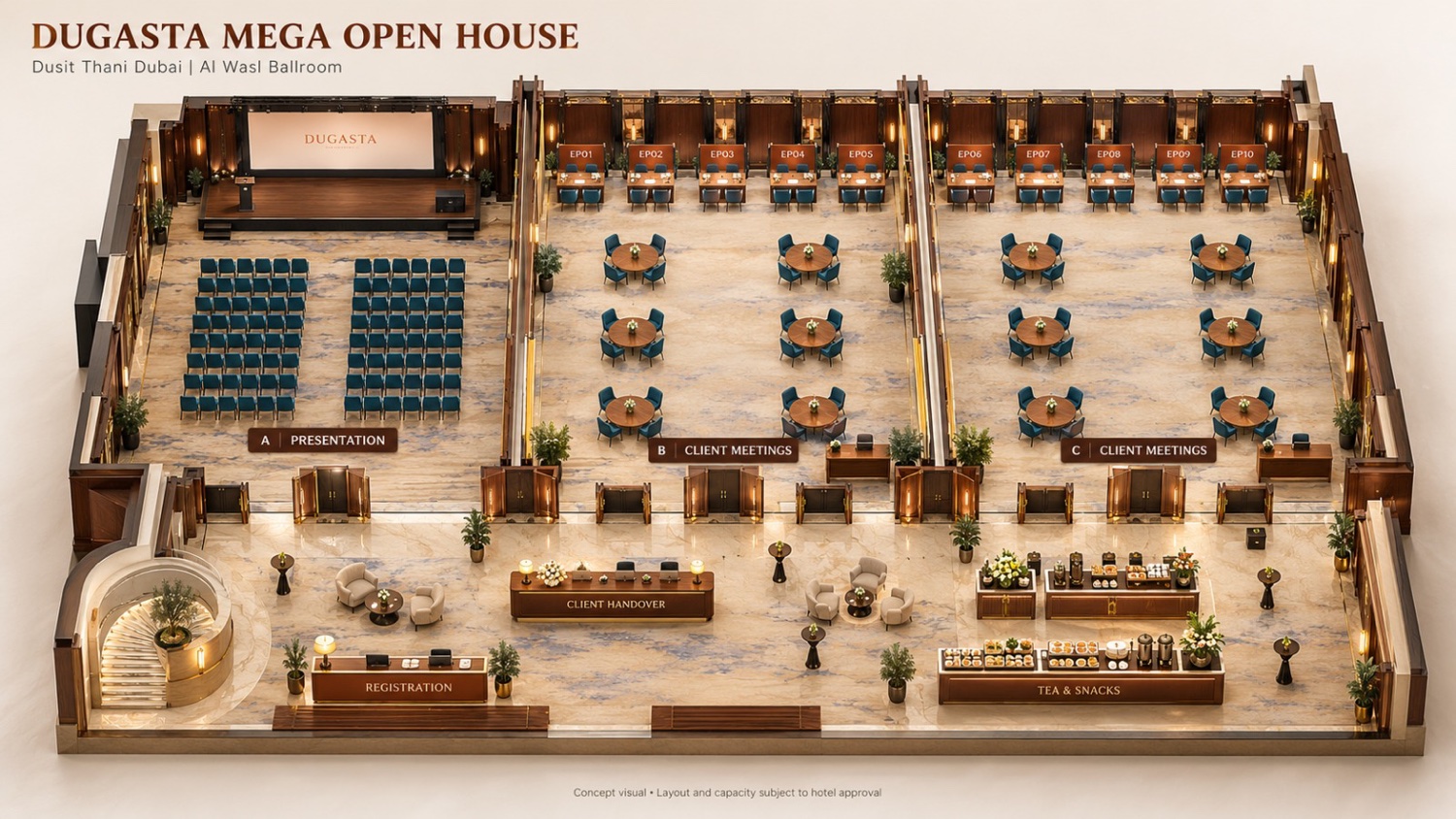 Concept 3D render of the Al Wasl ballroom layout